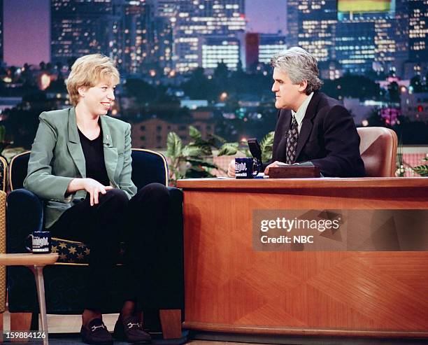 Episode -- Pictured: Professional basketball player Margo Dydek, host Jay Leno during an interview on June 21, 1998 --