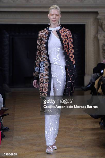 Model walks the runway during the Maurizio Galante show at Theatre du Chatelet on January 21, 2013 in Paris, France.