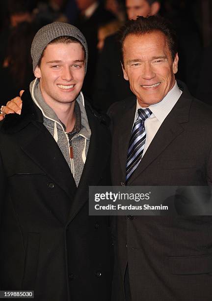 Patrick Schwarzenegger and Arnold Schwarzenegger attend the European Premiere of The Last Stand at Odeon West End on January 22, 2013 in London,...