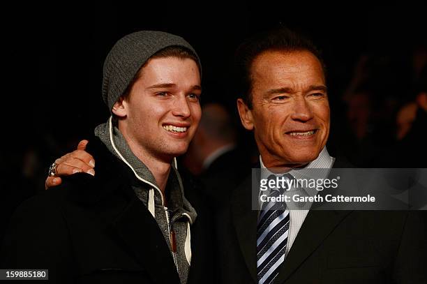 Actor Arnold Schwarzenegger and Patrick Schwarzenegger attend the European Premiere of "The Last Stand" at Odeon West End on January 22, 2013 in...