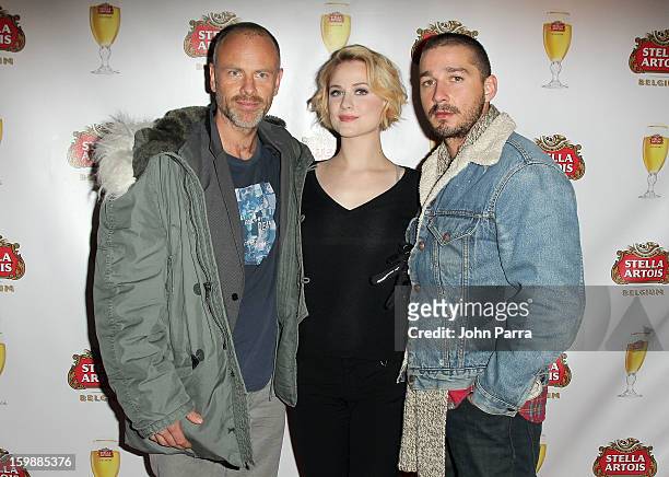 Director Fredrik Bond with actors Evan Rachel Wood and Shia LaBeouf attend the Stella Artois hosted Press Junket for The Necessary Death of Charlie...
