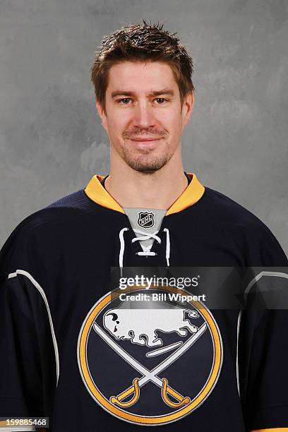 Jochen Hecht of the Buffalo Sabres poses for his official headshot for the 2012-2013 season on January 13, 2013 at the First Niagara Center in...