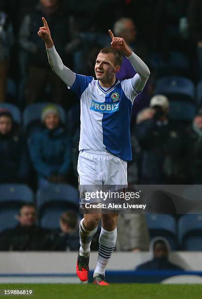 Jordan Rhodes of Blackburn Rovers celebrates after scoring the opening goal from the penalty spot during the npower Championship match between...