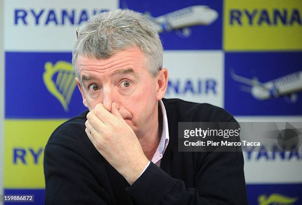 Ryanair CEO Michael O'Leary during a press conference at Orio Al Serio Airport on January 22, 2013 in Bergamo, Italy. Ryanair is introducing 4 new...