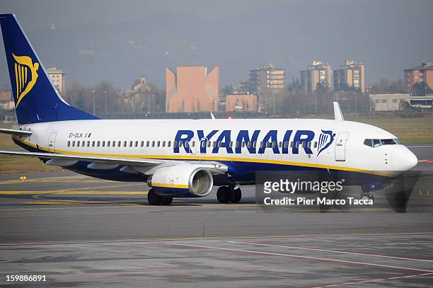 Ryanair airplane at Orio Al Serio Airport on January 22, 2013 in Bergamo, Italy. Ryanair is introducing 4 new flights that will be operational from...