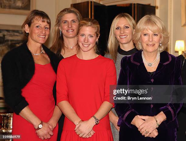 Mary King, Tina Cook, Laura Bechtolsheimer, Zara Phillips and Camilla, Duchess of Cornwall pose for a photo during a reception hosted by the Duchess...