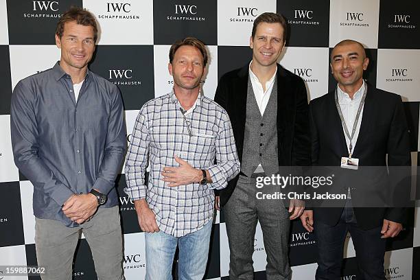 Jens Lehmann, Thomas Kretschmann, Oliver Bierhoff and Roberto Di Matteo visit the IWC booth during the Salon International de la Haute Horlogerie...