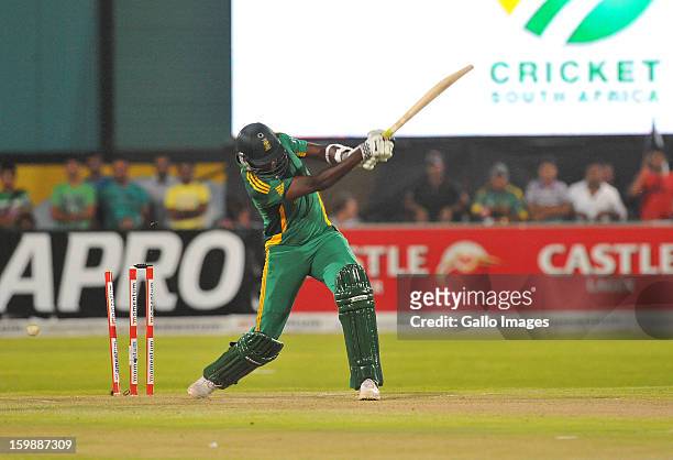 Lonwabo Tsotsobe of South Africa gets bowled during the 2nd One Day International match between South Africa and New Zealand at De Beers Diamond Oval...