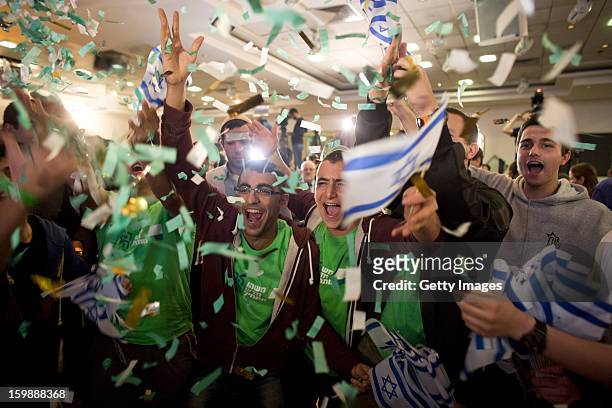 Supporters and activists of the Habayit Hayehudi party react to the announcement of the first projections on the results of Israel's national...