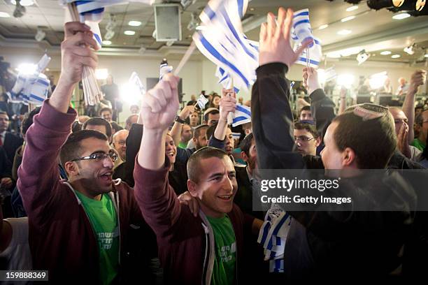Supporters and activists of the Habayit Hayehudi party react to the announcement of the first projections on the results of Israel's national...