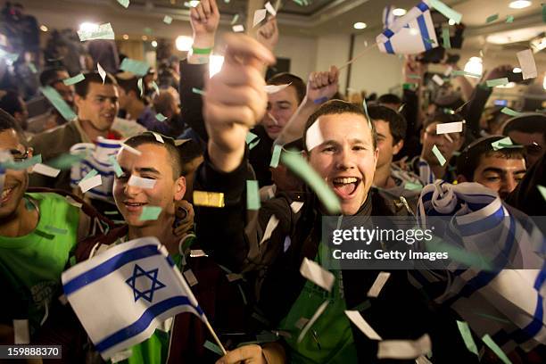 Supporters and activists of the Habayit Hayehudi party react to the announcement of the first projections on the results of Israel's national...