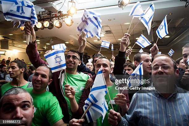 Supporters and activists of the Habayit Hayehudi party react to the announcement of the first projections on the results of Israel's national...