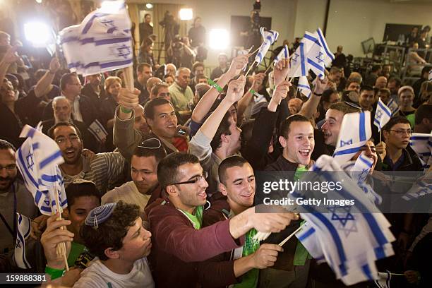 Supporters and activists of the Habayit Hayehudi party react to the announcement of the first projections on the results of Israel's national...