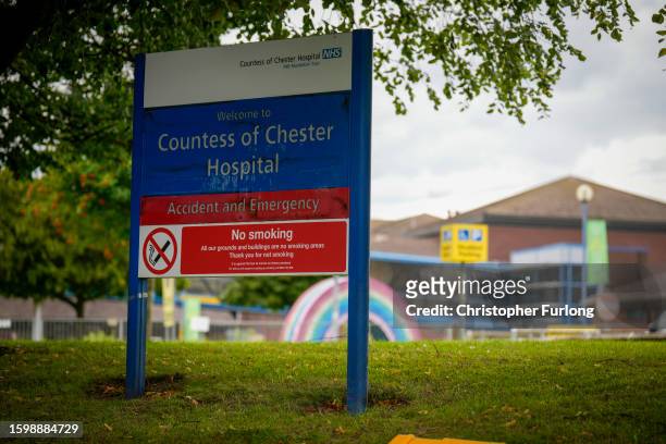 An exterior view of the Countess of Chester Hospital on August 07, 2023 in Chester, England. Lucy Letby, a former nurse at the hospital, is charged...