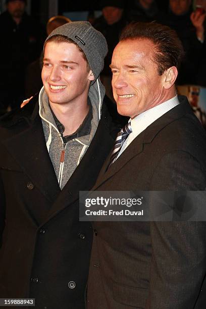 Patrick Schwarzenegger and Arnold Schwarzenegger attend the European Premiere of The Last Stand at Odeon West End on January 22, 2013 in London,...