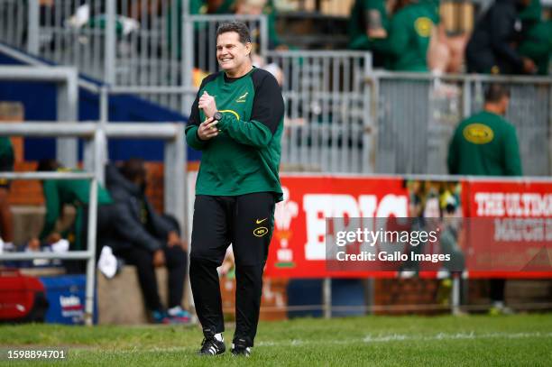 Rassie Erasmus of South Africa looks on during the South Africa men's national rugby team training session at Cardiff Metropolitan University on...