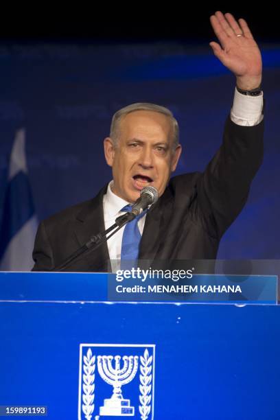 Israeli Prime Minister and chairman of the Likud party Benjamin Netanyahu talks to supporters at the party headquarters in Tel Aviv early on January...