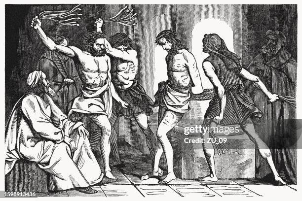 stockillustraties, clipart, cartoons en iconen met the flagellation of christ (matthew 27), wood engraving, published 1837 - torture