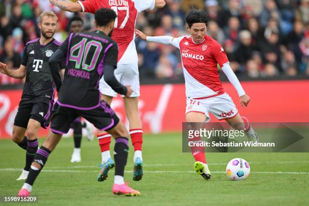 Takumi Minamino of AS Monaco scores his team's first goal during the pre-season friendly match between FC Bayern München and AS Monaco at Sportpark...