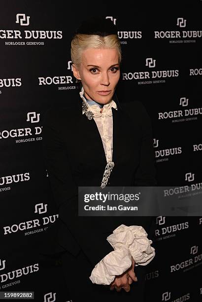 Daphne Guinness, friend of the Roger Dubuis brand visits the Roger Dubuis booth during the 23rd Salon International de la Haute Horlogerie at the...