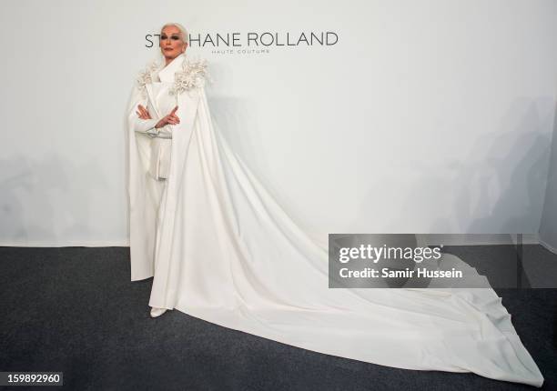 Carmen Dell'Orefice poses backstage at the Stephane Rolland Spring/Summer 2013 Haute-Couture show as part of Paris Fashion Week at Palais De Tokyo on...