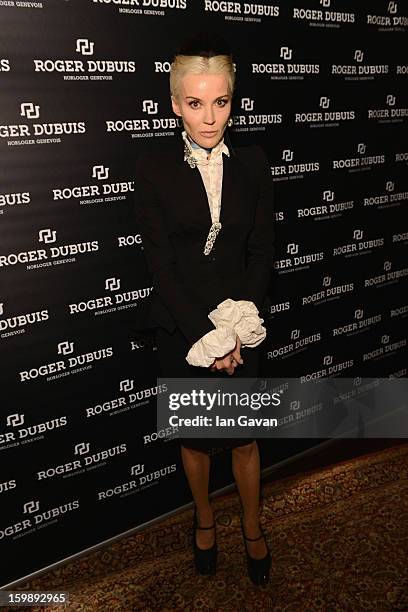 Daphne Guinness, friend of the Roger Dubuis brand visits the Roger Dubuis booth during the 23rd Salon International de la Haute Horlogerie at the...