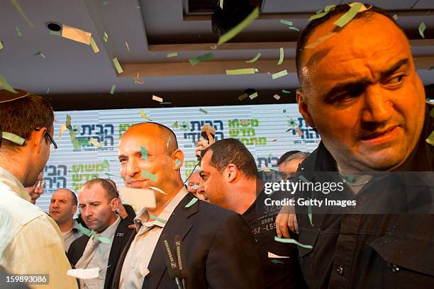 Naftali Bennett , leader of the Habayit Hayehudi party greets supporters and activists from his party at a post-election rally on January 22, 2013 in...
