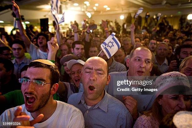 Supporters and activists of the Habayit Hayehudi party react to the announcement of the first projections on the results of Israel's national...