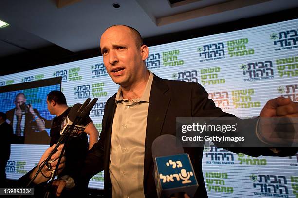 Naftali Bennett, leader of the Habayit Hayehudi party speaks to supporters and activists from his party at a post-election rally on January 22, 2013...