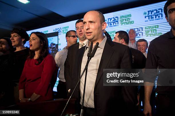 Naftali Bennett, leader of the Habayit Hayehudi party speaks to supporters and activists from his party at a post-election rally on January 22, 2013...