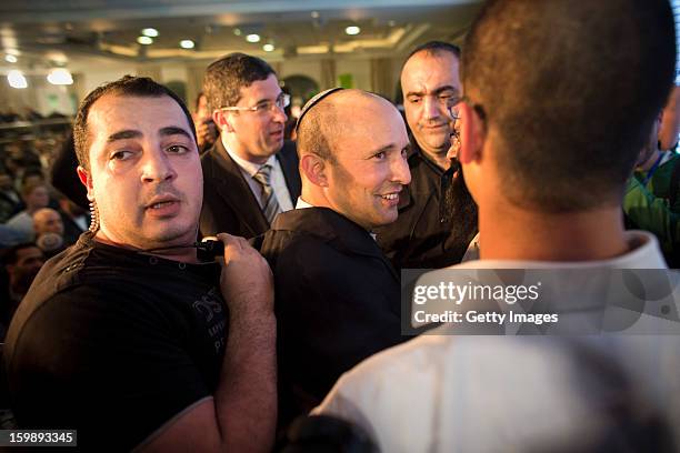 Naftali Bennett , leader of the Habayit Hayehudi party greets supporters and activists from his party at a post-election rally on January 22, 2013 in...