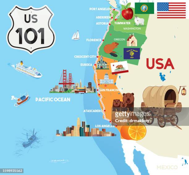 highway 101 u.s. route map poster - eureka nevada stock illustrations