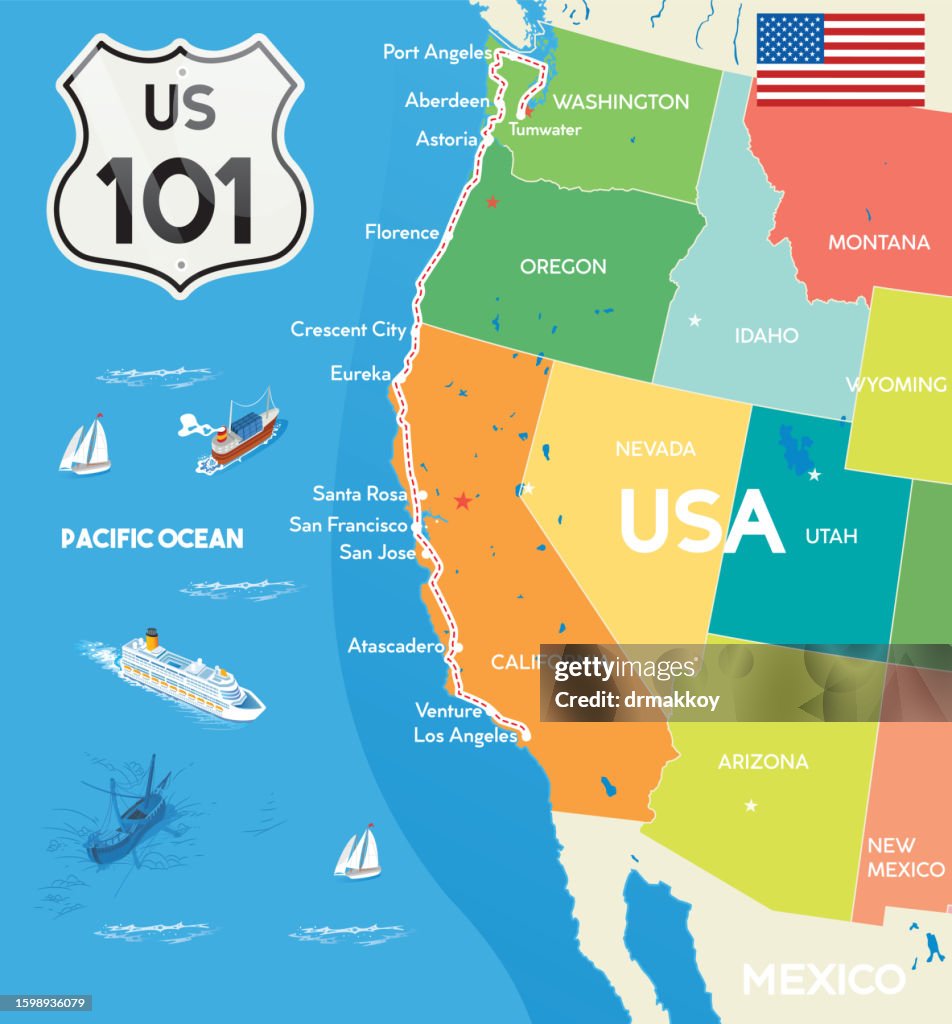 Highway 101 U.S. Route Map Poster, USA Map