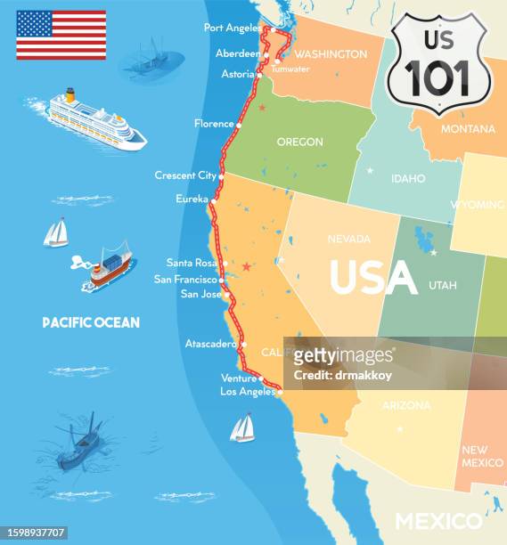 highway 101 u.s. route map, usa map - olympic peninsula stock illustrations