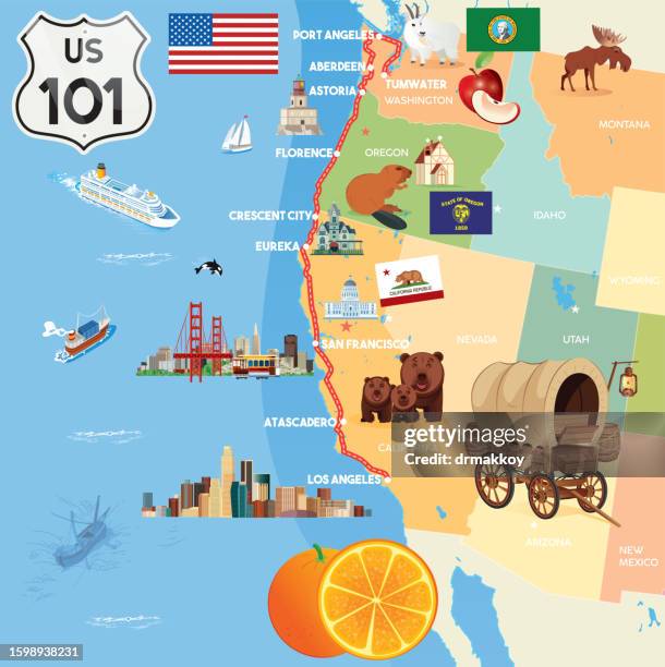 usa-karte, highway 101 u.s. route map poster - arizona v oregon stock-grafiken, -clipart, -cartoons und -symbole