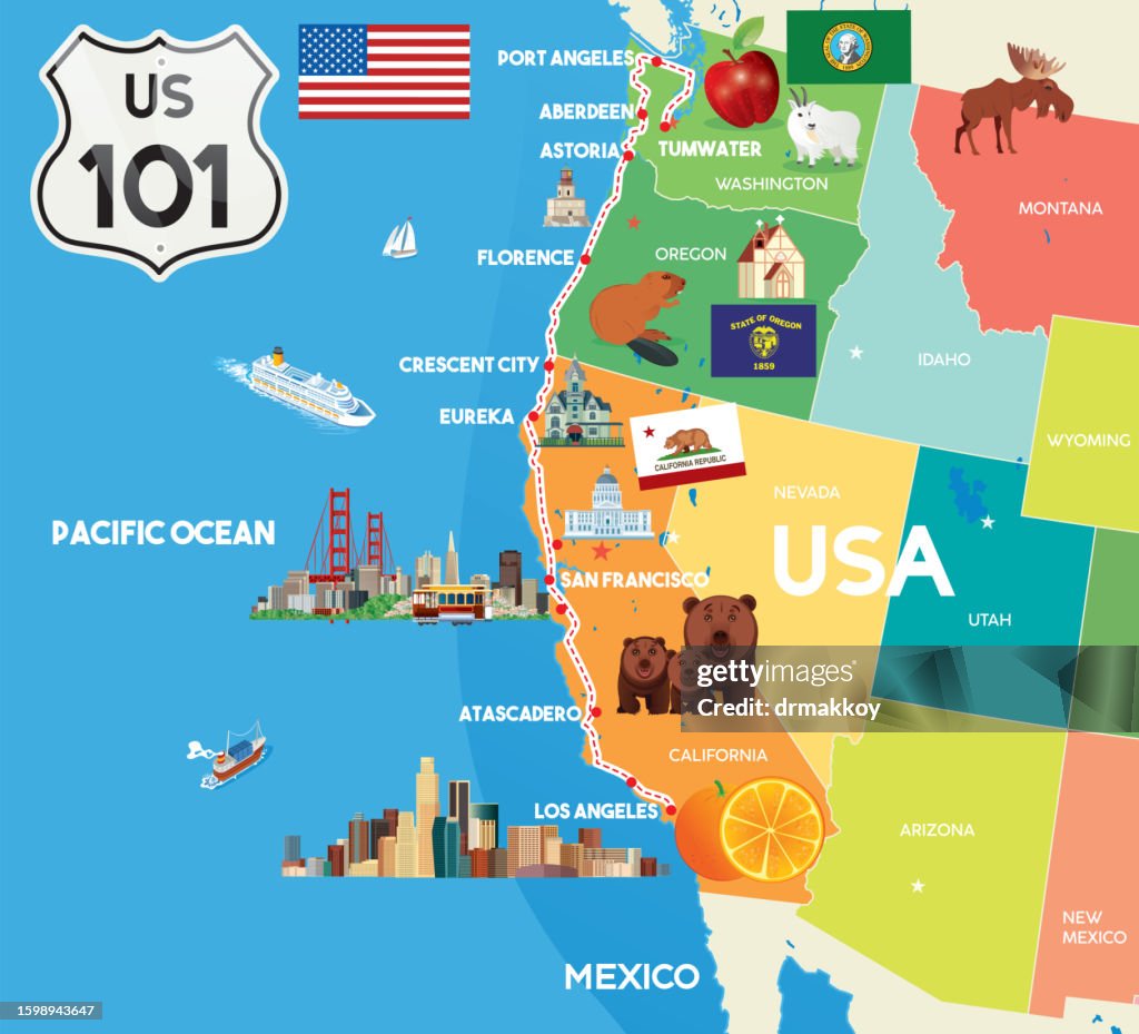 USA MAP, Highway 101 U.S. Route Map Poster