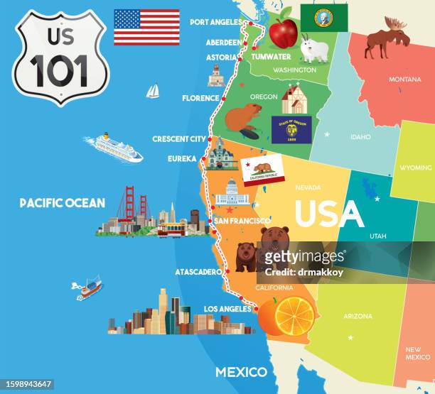 usa map, highway 101 u.s. route map poster - arizona v california stock illustrations