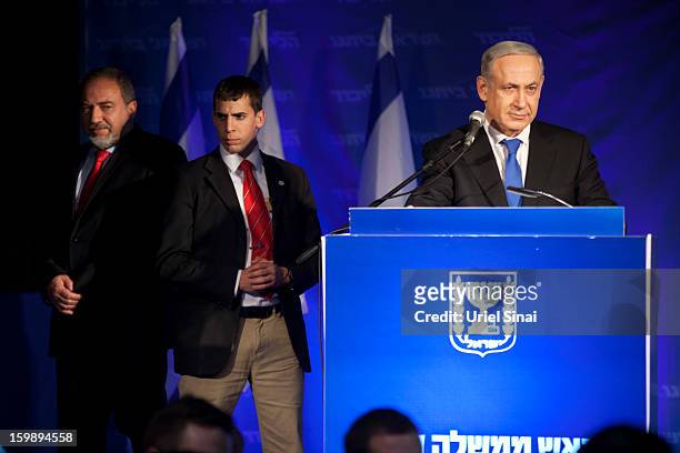 Israeli Prime Minister Benjamin Netanyahu speaks to his supporters at his election campaign headquarters on Janurary 23, 2013 in Tel Aviv, Israel....