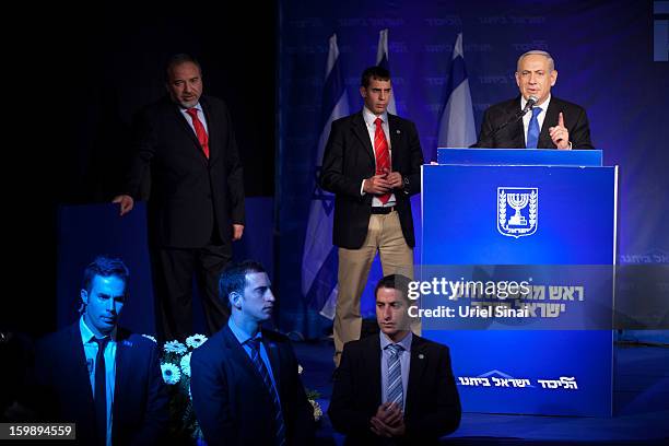 Israeli Prime Minister Benjamin Netanyahu speaks to his supporters at his election campaign headquarters on Janurary 23, 2013 in Tel Aviv, Israel....