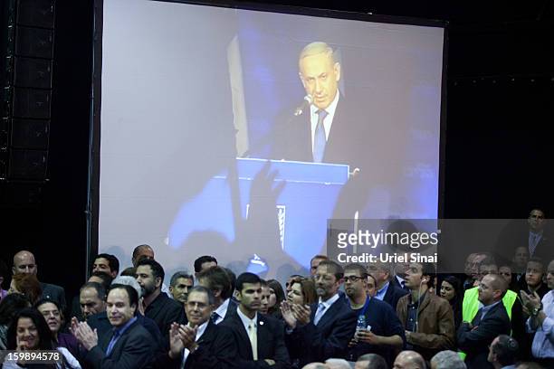 Israeli Prime Minister Benjamin Netanyahu speaks to his supporters at his election campaign headquarters on Janurary 23, 2013 in Tel Aviv, Israel....