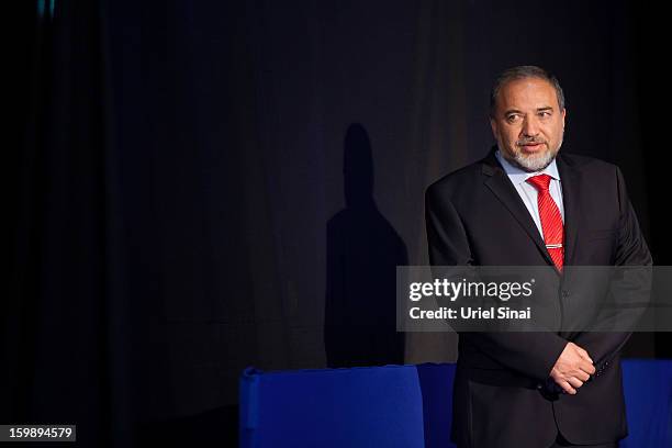 Former Israeli Minister for Foreign Affairs Avigdor Liberman visits the Likud party election campaign headquarters with Israeli Prime Minister...