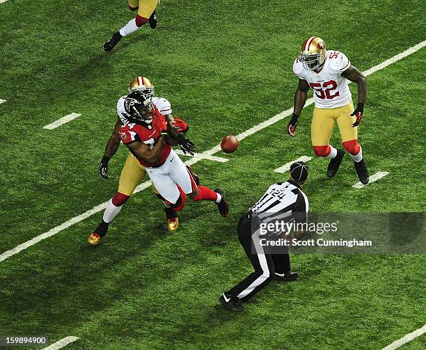 Roddy White of the Atlanta Falcons is unable to make a catch on a fourth down play against NaVorro Bowman of the San Francisco 49ers during the NFC...