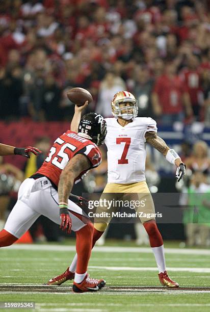 Colin Kaepernick of the San Francisco 49ers passes against Atlanta Falcons during the NFC Championship game at the Georgia Dome on January 20, 2013...