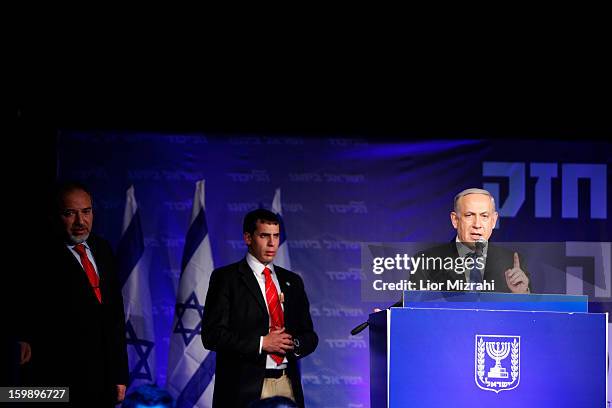 Israeli Prime Minister Benjamin Netanyahu speaks to supporters at his election campaign headquarters on Janurary 23, 2013 in Tel Aviv, Israel....