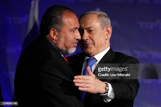 Israeli Prime Minister Benjamin Netanyahu and Former Israel Minister for Foreign Affairs Avigdor Liberman at his election campaign headquarters on...