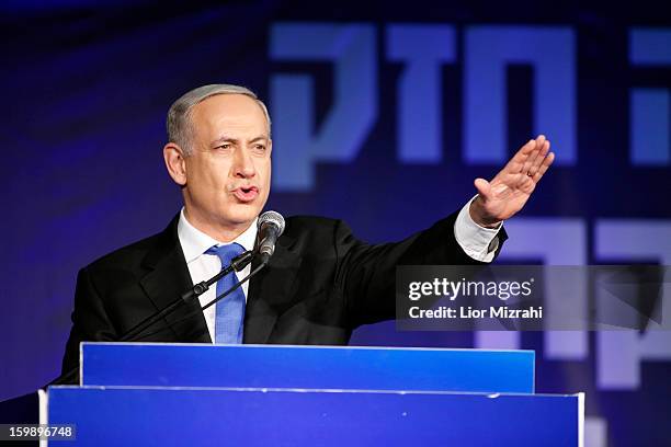 Israeli Prime Minister Benjamin Netanyahu speaks to supporters at his election campaign headquarters on Janurary 23, 2013 in Tel Aviv, Israel....