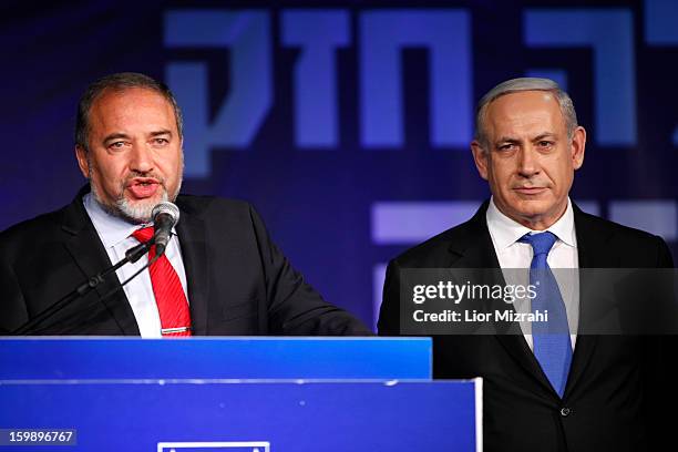 Israeli Prime Minister Benjamin Netanyahu and Former Israel Minister for Foreign Affairs Avigdor Liberman at his election campaign headquarters on...