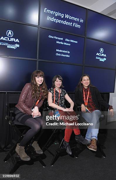 Actress Gina Piersanti, filmmaker Eliza Hittman and Producer Mariko Munro attend the Acura Master Class - Emerging Women in Independent Film on...