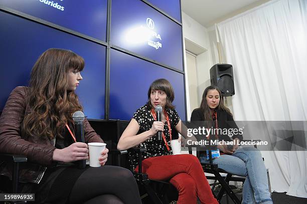 Actress Gina Piersanti, filmmaker Eliza Hittman and Producer Mariko Munro attend the Acura Master Class - Emerging Women in Independent Film on...