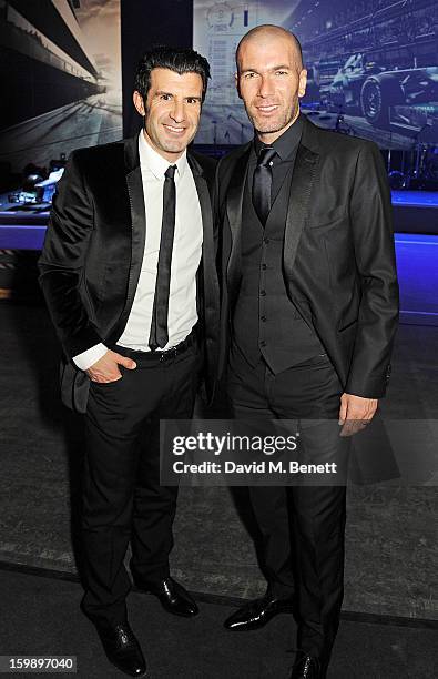 Luis Figo and Zinedine Zidane attend the IWC Schaffhausen Race Night event during the Salon International de la Haute Horlogerie 2013 at Palexpo on...